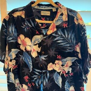 Caribbean Black Floral Hibiscus Camp-Collar Shirt with Blue Leaves